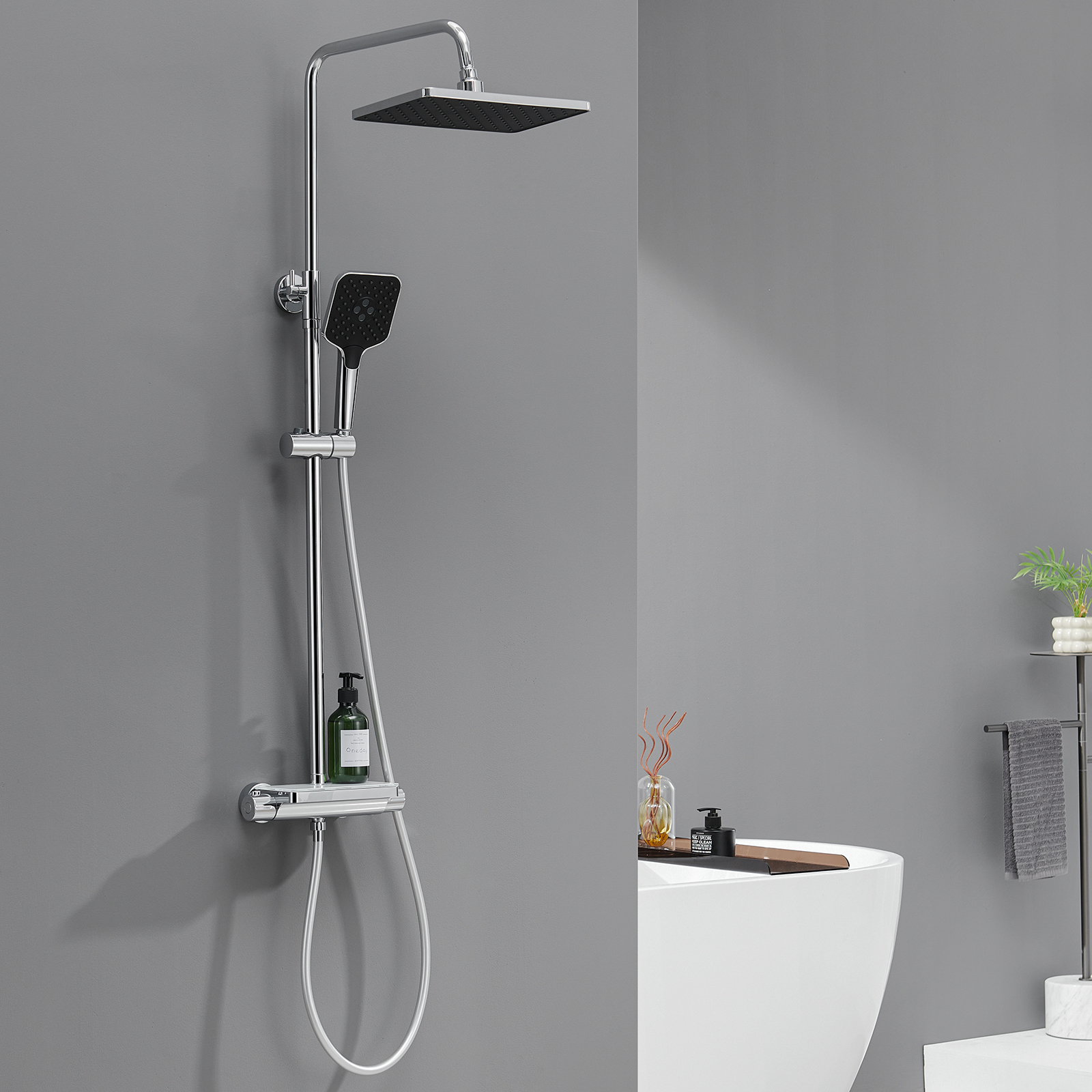 Auralum Max Duschsystem Mit Thermostat Und Glasablage, Duscharmatur Komplettset Mit 12 Zoll Regendusche Kopfbrause, 3 Strahlarten Duschkopf Wassersparend, Höhenverstellbare Duschstange, Eckig, Chrom