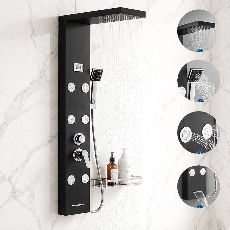 Duschpaneel, Auralum Duschpaneel Schwarz Mit Armatur 4 Wasserausgabemodi, Duschsäule Mit Regendusche, Massagedusche, Handbrause Und Wanneneinlauf, Duschsystem Aus Edelstahl Mit Lcd Temperaturanzeige