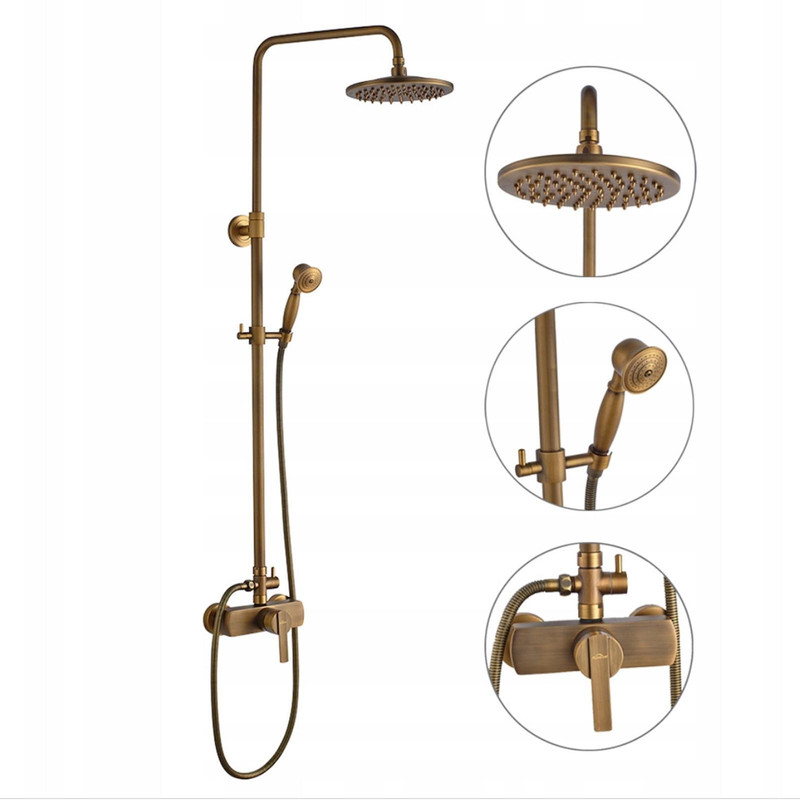 Auralum Max Duschsystem Komplettset Aus Massives Kupfer, 20cm Runder Messing Regendusche Und Handbrause, Höhenverstellbare Messing Duschstange, 150cm Brauseschlauch，korrosionsbeständiges Antikes Dusch
