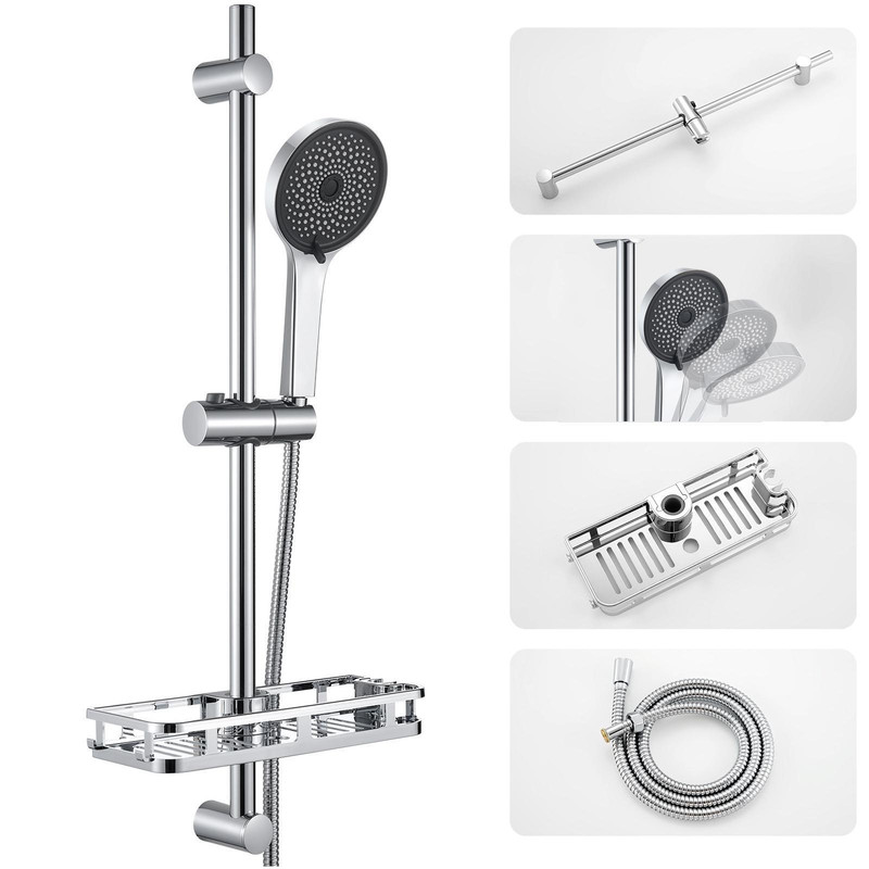 Duschstange Komplettset Ohne Duscharmatur, Mit Ohne Bohren Ablage, 5-fach Handbrause-höhenverstellbarer, Edelstahl Schlauch, 70cm Duschsystem Mit Duschbrause Für Kabine/badewannen, Ohne Regendusche