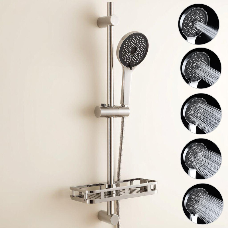 Auralum Max Duschset Mit Handbrause,70 Cm Lange Gleitstange Edelstahl Mit Seifenschale Großer Aufbewahrungskorb,5-funktionen Handbrause,wandhalter Brausestange Variable Bohrlöcher,chrom