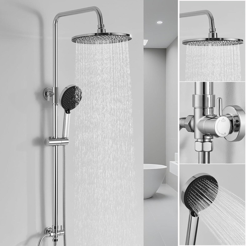 Auralum Max Rund-chrom Regendusche Ohne Armatur, Duscharmatur Mit Ø 250 Mm Regendusche, 4 Strahlarten Duschkopf Und Höhenverstellbarer Duschstange