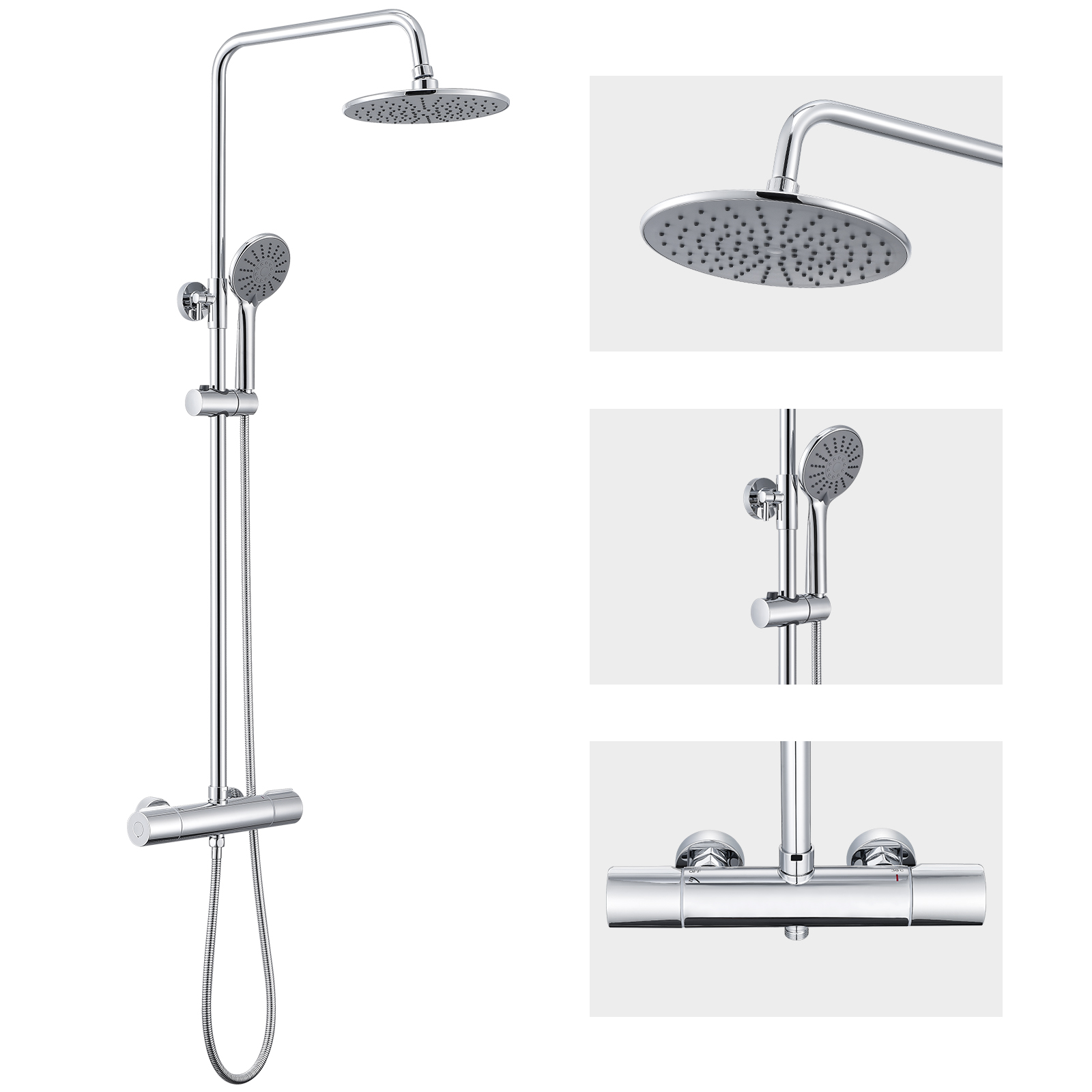 Auralum Max Duschsystem Regendusche Thermostat Duschset Duschgarnitur Duschamatur Dusche, 9 Zoll Regenduschkopf, Mit 3 Strahlarten Handbrause, Höhe 84-121 Cm,duschsäule Duschset, Chorm