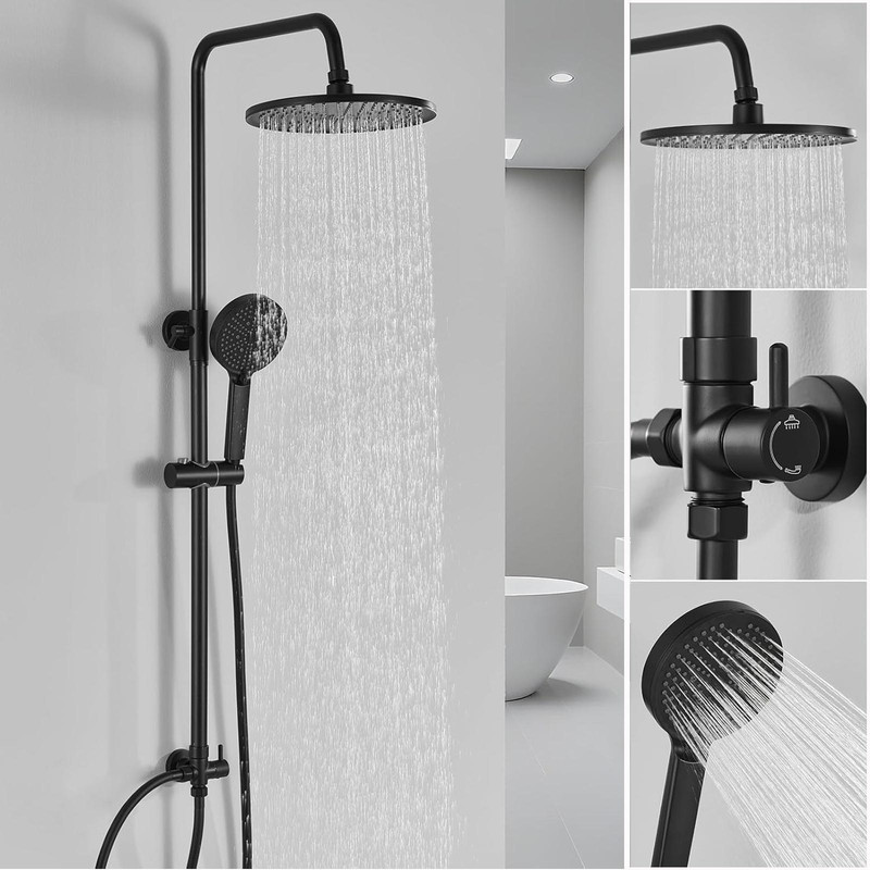 Auralum Max Regendusche Ohne Armatur, Schwarz Duscharmatur Mit Ø 250 Mm Runder Regendusche, 4 Strahlarten Duschkopf Und Höhenverstellbarer Duschstange