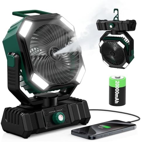Camping Ventilator Mit Sprühnebel & Wasserkühlung, 20000mah Akku Ventilator, 45° 90° Oszillation, Haken, Fernbedienung, Led, Usb Tischventilator Für Outdoor Zelt, Terrasse, Reisen