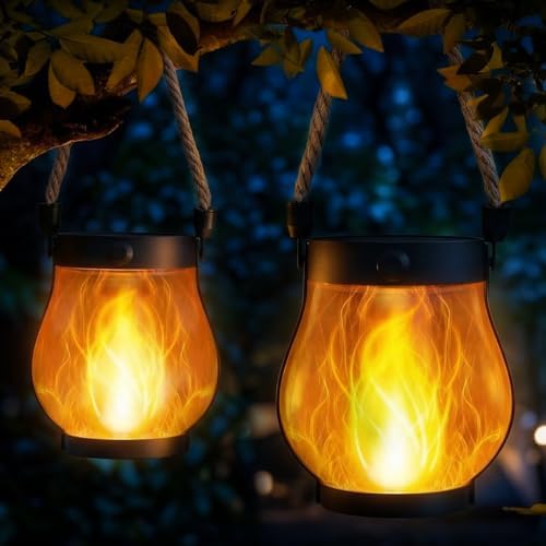 Solarlampen Für Außen Hängend, 2 Stück Solar Laternen Für Draußen Mit Realistische Flammeneffekte, Ip65 Wasserdicht Solarleuchten Gartendeko Mit Hanfseil Für Außen Hof Balkon Terrasse Halloween