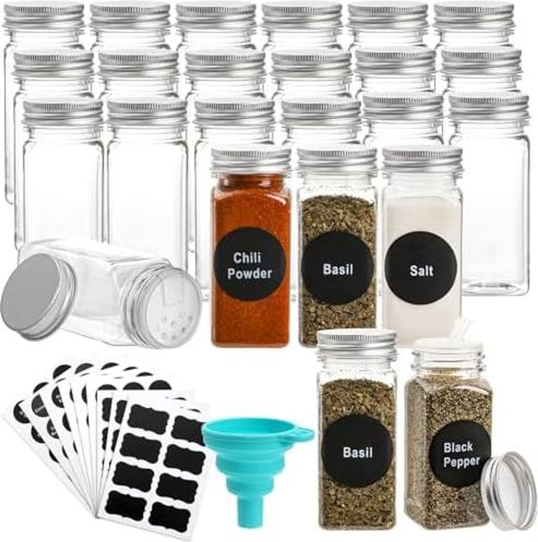 Wuweot 24 Stück 120 Ml Kunststoff-gewürzgläser, Gewürzflaschen, Quadratische Gewürzbehälter, Wiederverwendbarer Salz-pfefferstreuer Mit Luftdichtem Deckel-etiketten, Trichter, Stift