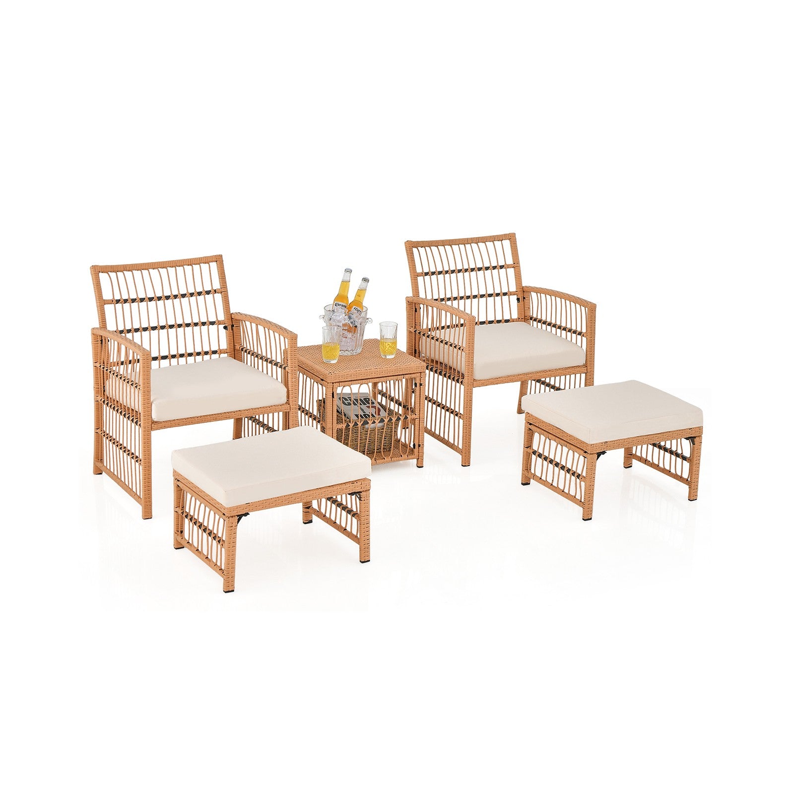 5-teiliges Rattan-sofa-set Für Die Terrasse, Kissen, 2 Hocker, Tisch