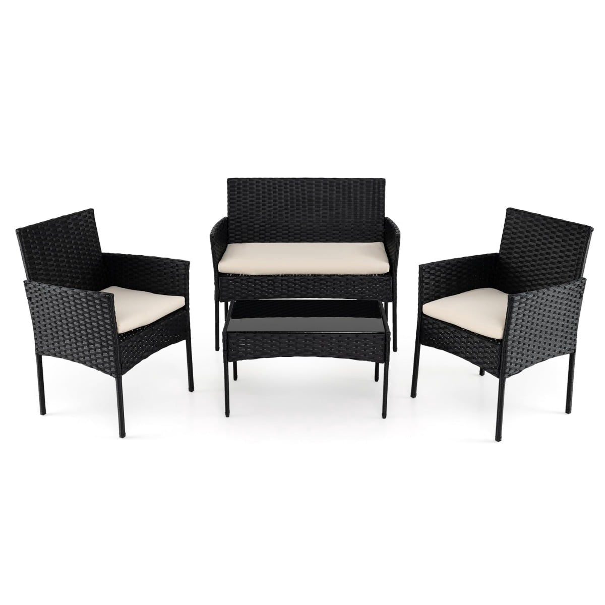 Rattan-gartenmöbelset, 4-teilig, Kissen, Glastisch