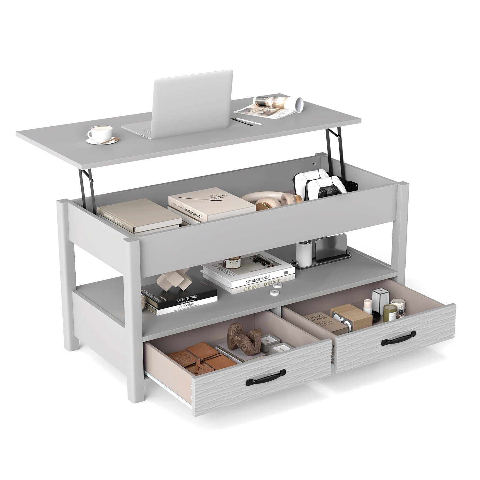 Verstellbarer Couchtisch Mit Hubtischplatte Und 2 Schubladen 236783531