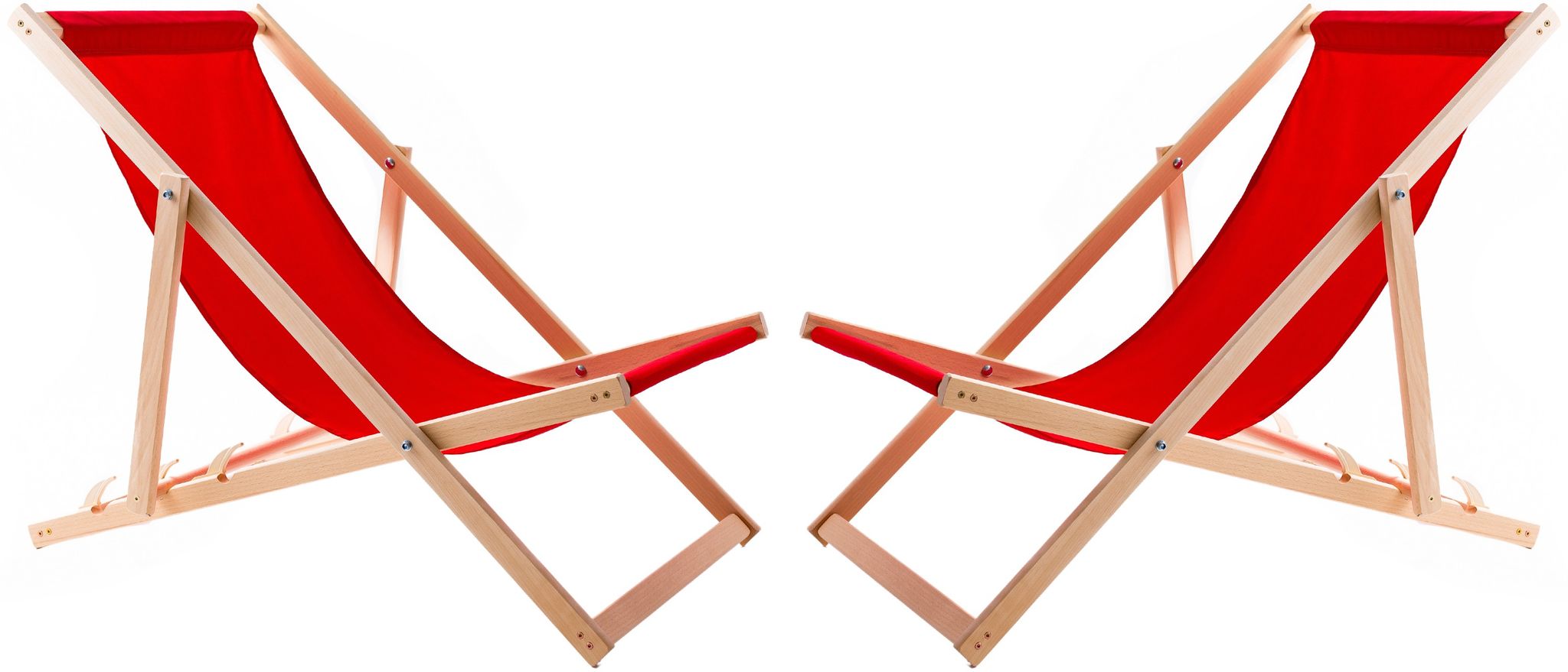 2x Holzliegestuhl Mit Rotem Stoff