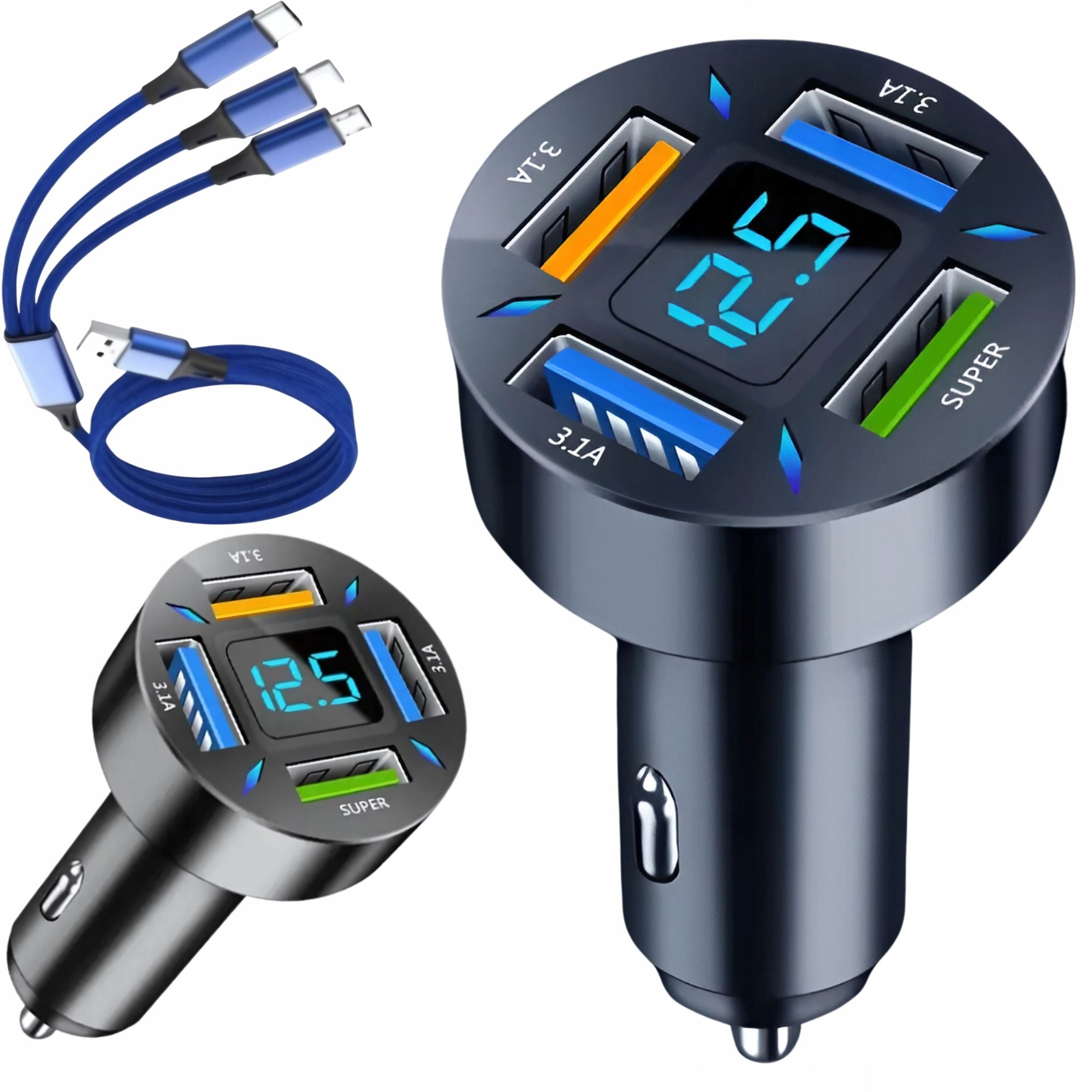 Schnellladegerät Für Autos (3,1 A) Mit Led-anzeige, Qc 3.0 X3, Usb Pd, 66 W
