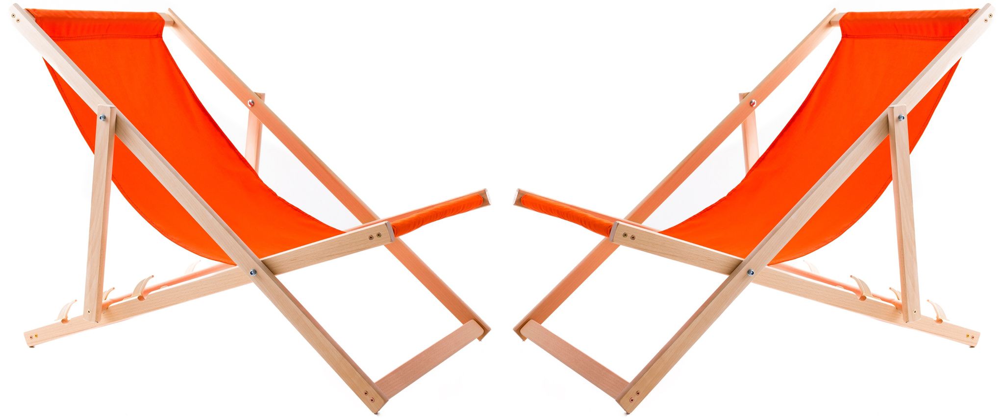 2x Holzliegestuhl Mit Orangefarbenem Stoff