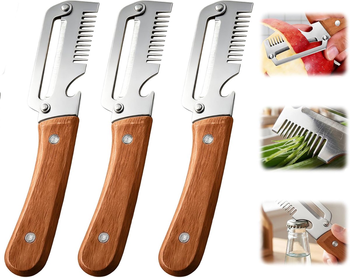 3-teiliger Multifunktionaler Gemüseschäler Für Die Küche – 3-in-1 Gemüse- Und Obstschäler – Schäler Mit Holzgriff – Obst- Und Gemüseschäler – Mit Flaschenöffner Und Reibe – Zum Verarbeiten Von Obst Un