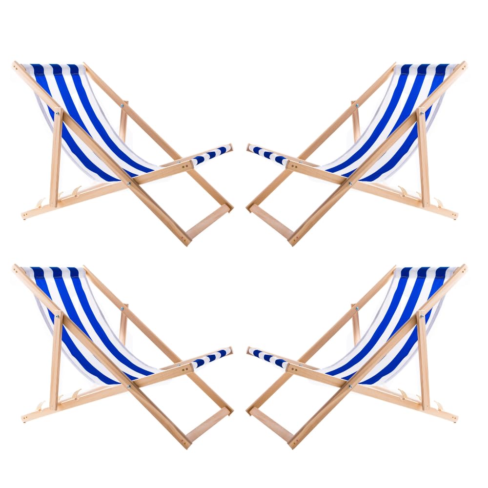 4x Blau Gestreifter Holz-liegestuhl