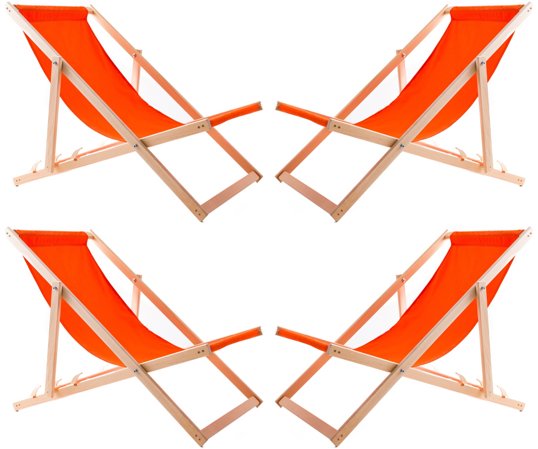 4x Holz-liegestuhl Mit Orangefarbenem Stoff