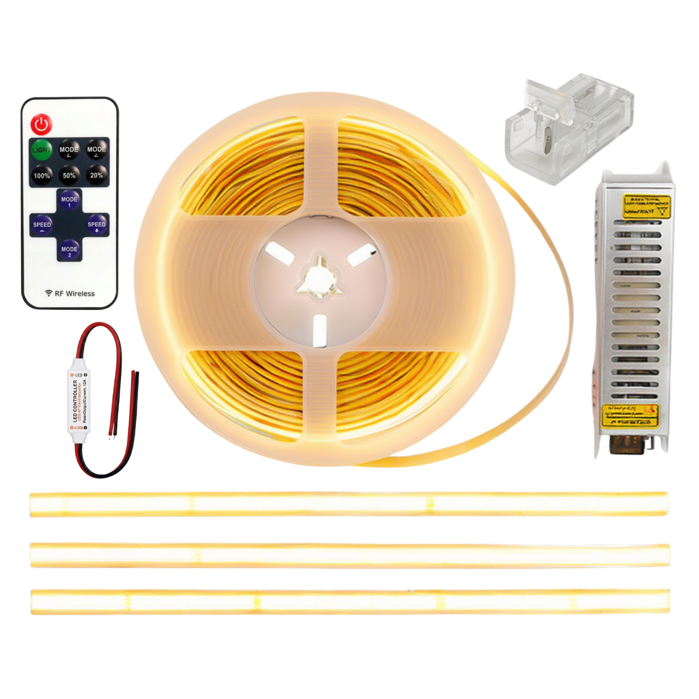 Led Cob-kit 10 M 12 V 3000 K Warmweiß Starke Farbe Netzteil Fernbedienung