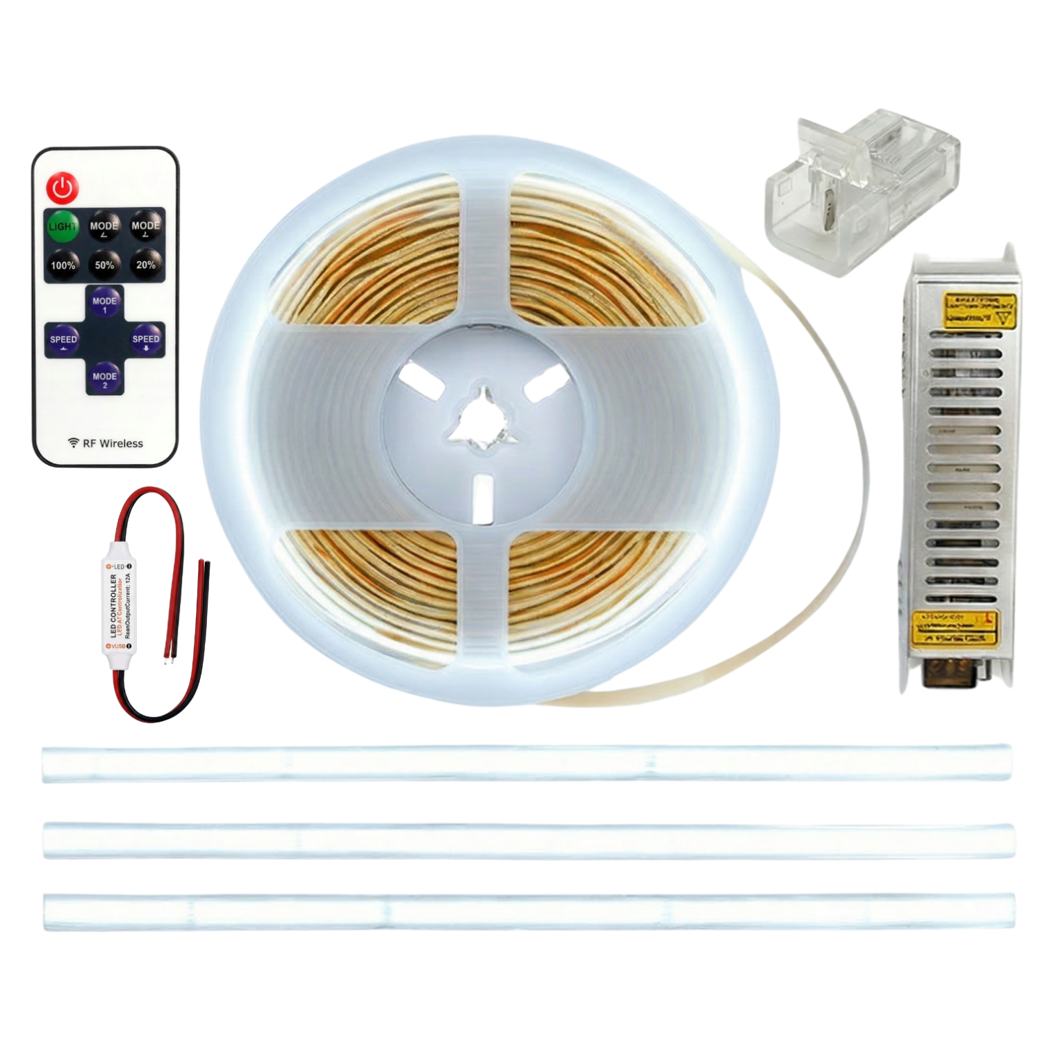 Led Cob-kit 10 M 12 V 6000 K Kaltweiß, Kräftige Farben, Netzteil, Fernbedienung, Komplett