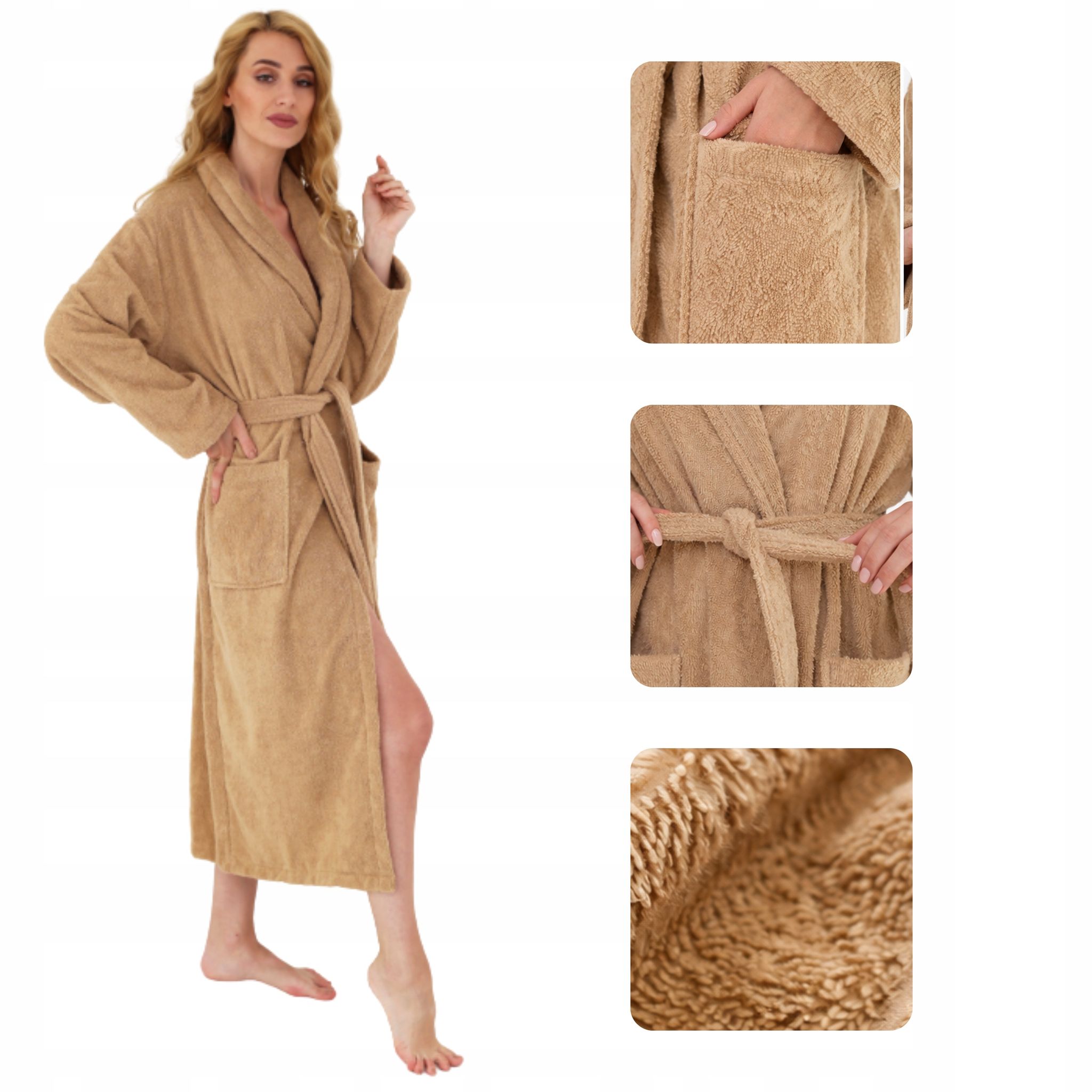 Damen-frottee-bademantel, Warm, 100 % Baumwolle, Weich, Beige, Größe M