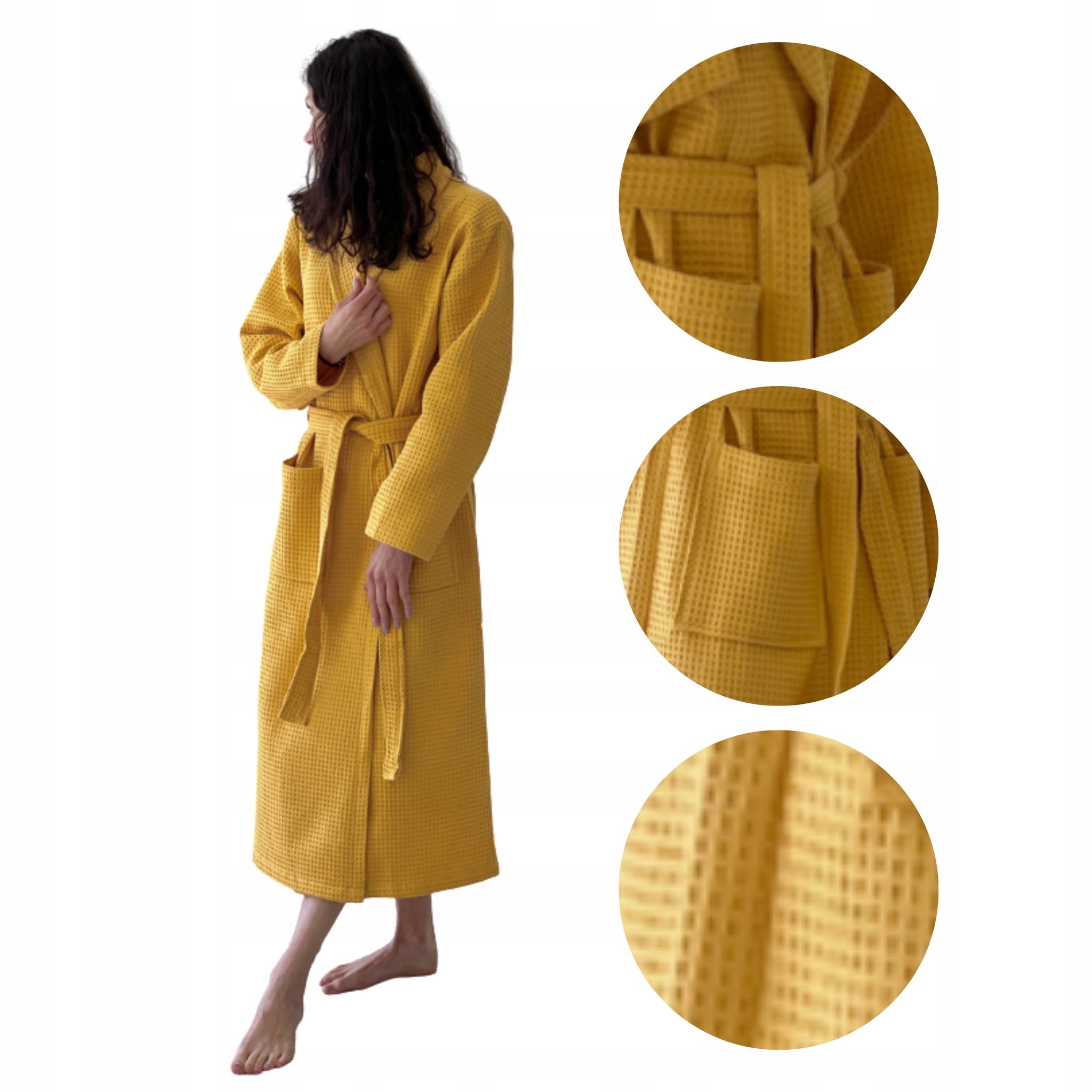 Damenbademantel, Waffelpiqué, Taschen, 100 % Baumwolle, Schnelltrocknend, Lang, Goldfarben, Größe 3xl