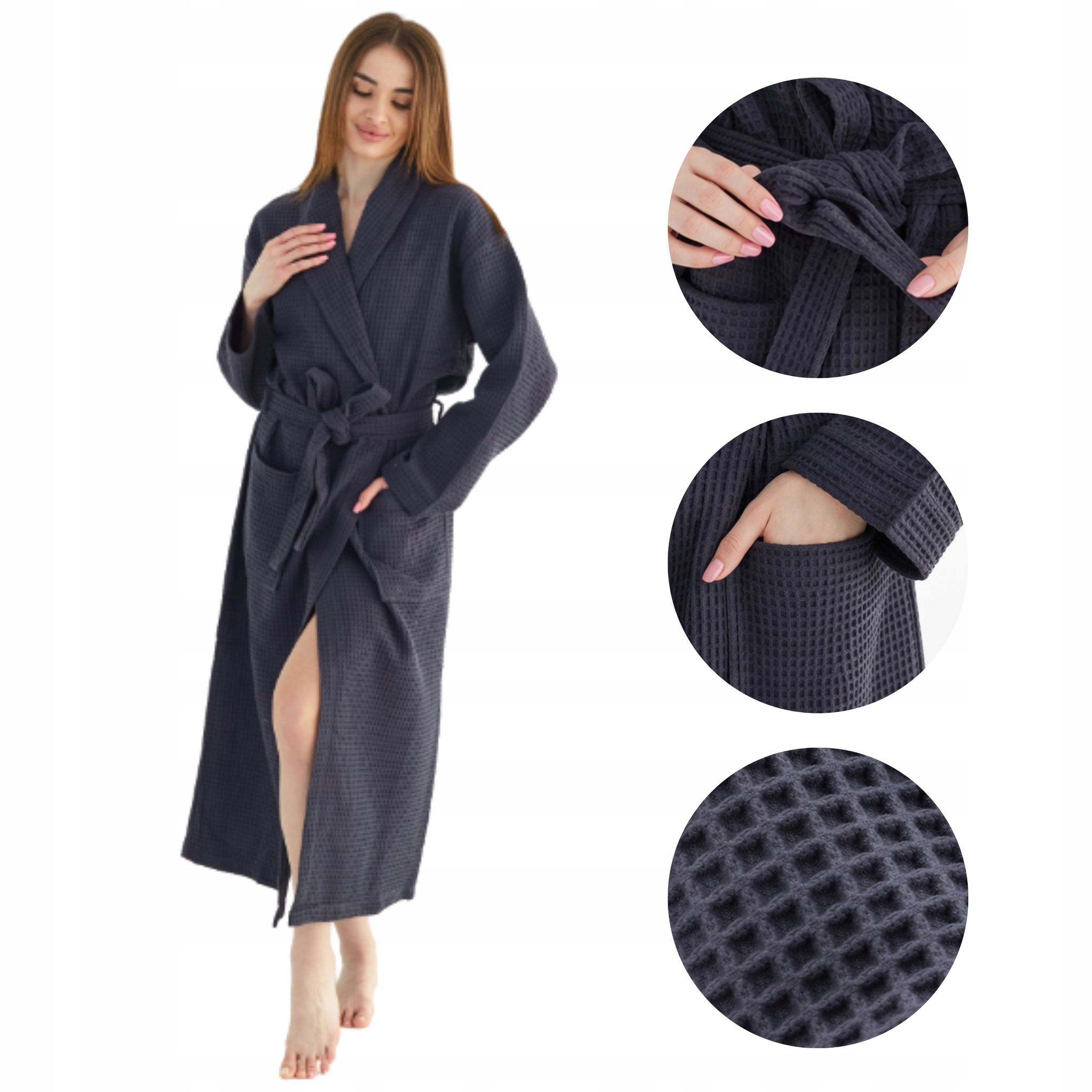 Damen-waffelbademantel, 100 % Baumwolle, Lang, Schnelltrocknend, Grau, Xl