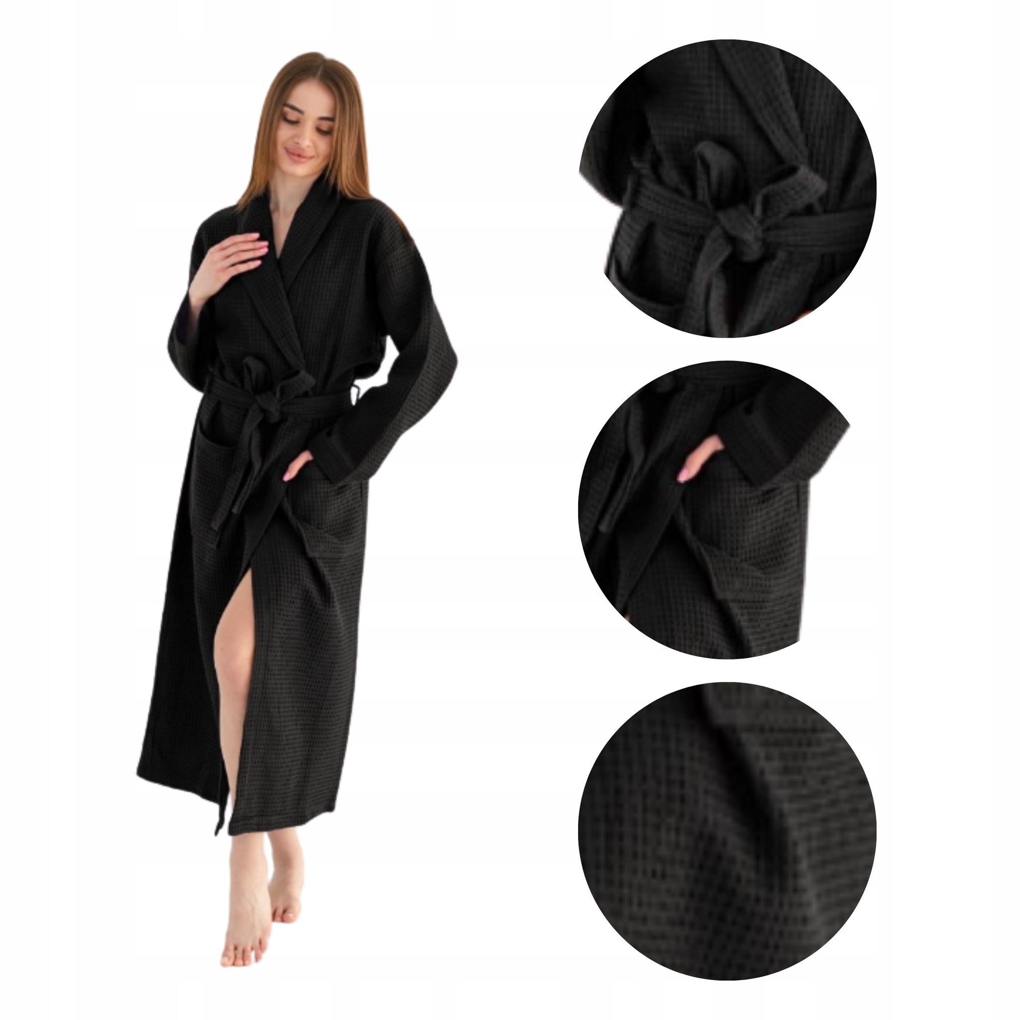 Damenbademantel Mit Waffeltaschen, 100 % Baumwolle, Schnelltrocknend, Schwarz, Xl