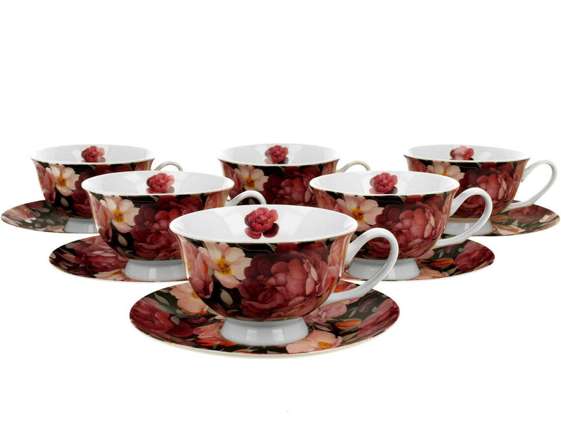 Set Mit 6 Schwarzen Tassen Und Untertassen „frühlingsrosen