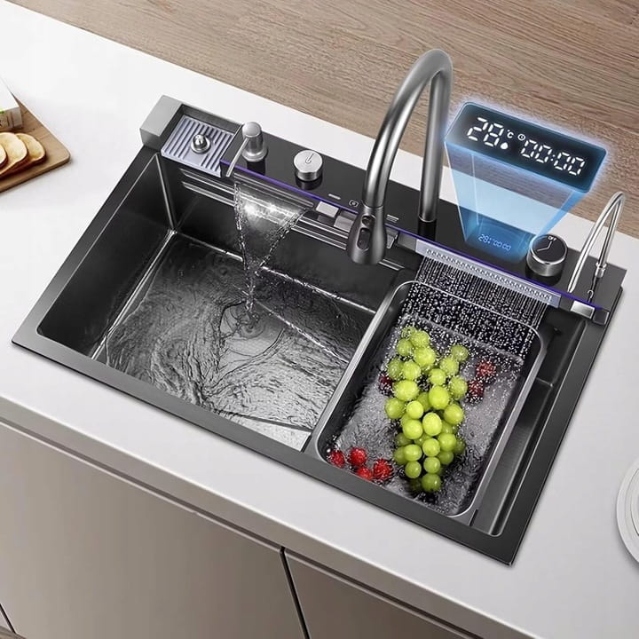 Multifunktionales Edelstahlspülbecken Mit Wasserfallarmatur, Schwarze Silesia-emaille