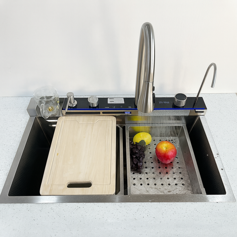 Multifunktionales Edelstahlwaschbecken Mit Wasserfallarmatur, Silberfarbenes Silesia-emaille