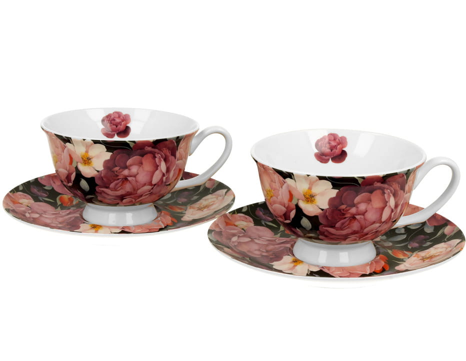 Set Aus 2 Spring Rose Schwarzen Tassen Und Untertassen