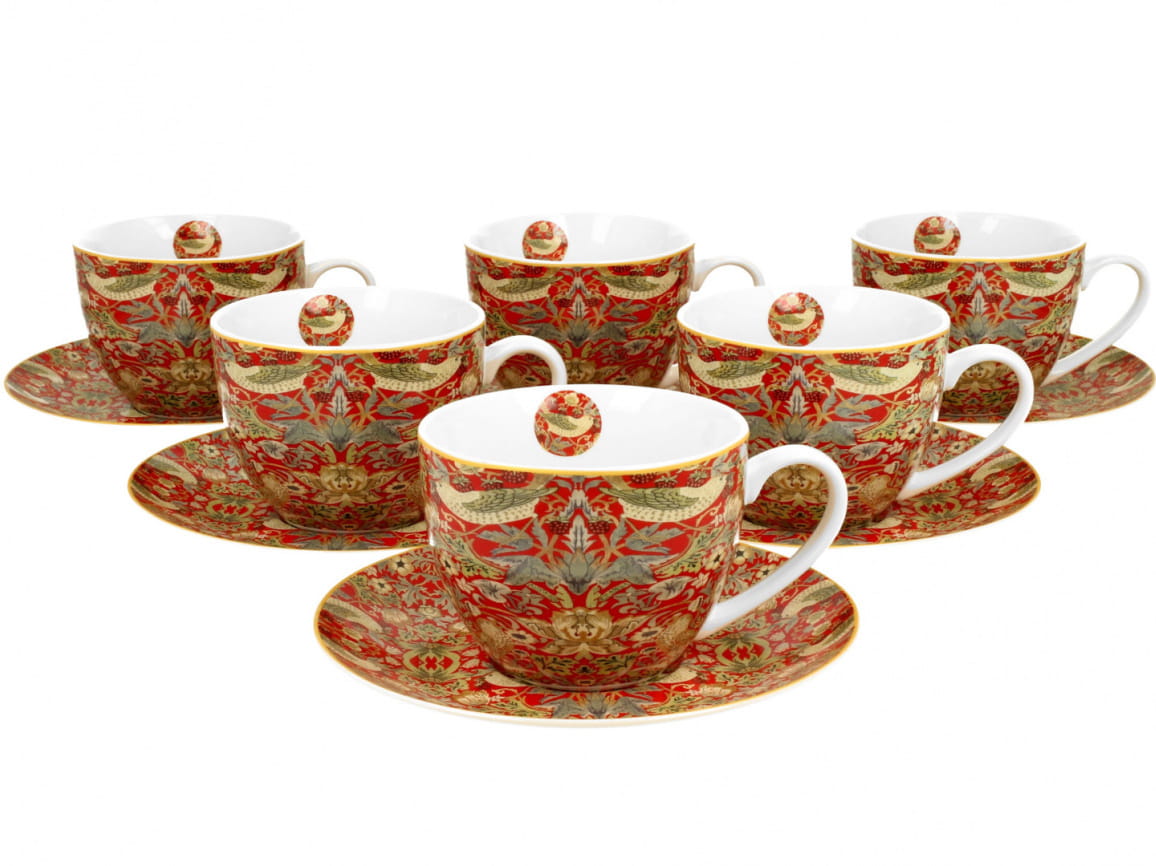 Set Mit 6 Roten Tassen Und Untertassen „strawberry Thief
