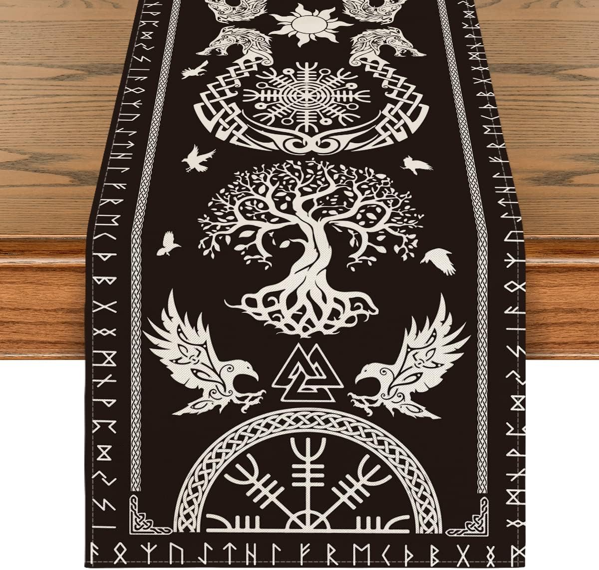 Chemin De Table « Arbre De Vie Viking Noir » Avec Casque De Corbeau Et Motif D'Horreur, Décoration De Table Saisonnière Pour La Cuisine Ou Les Fêtes À La Maison, 33 X 183 Cm - Fa