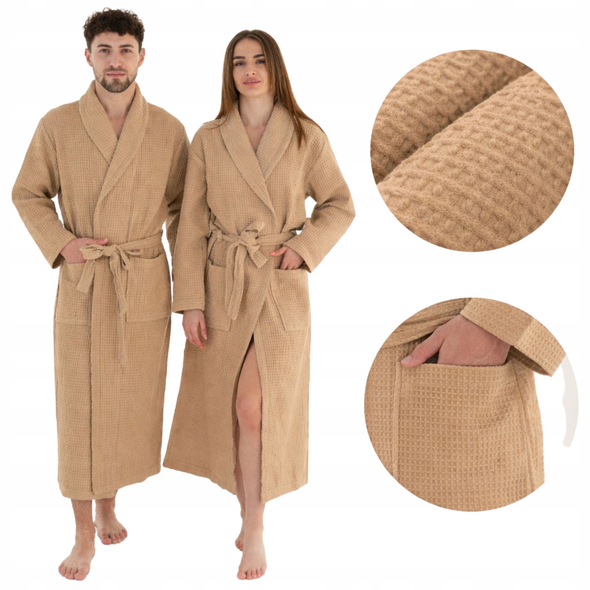 Langer, Beiger Bademantel, Dünn, Unisex, Mit Taschen, 100 % Baumwolle, Schnelltrocknend, Größe 2xl