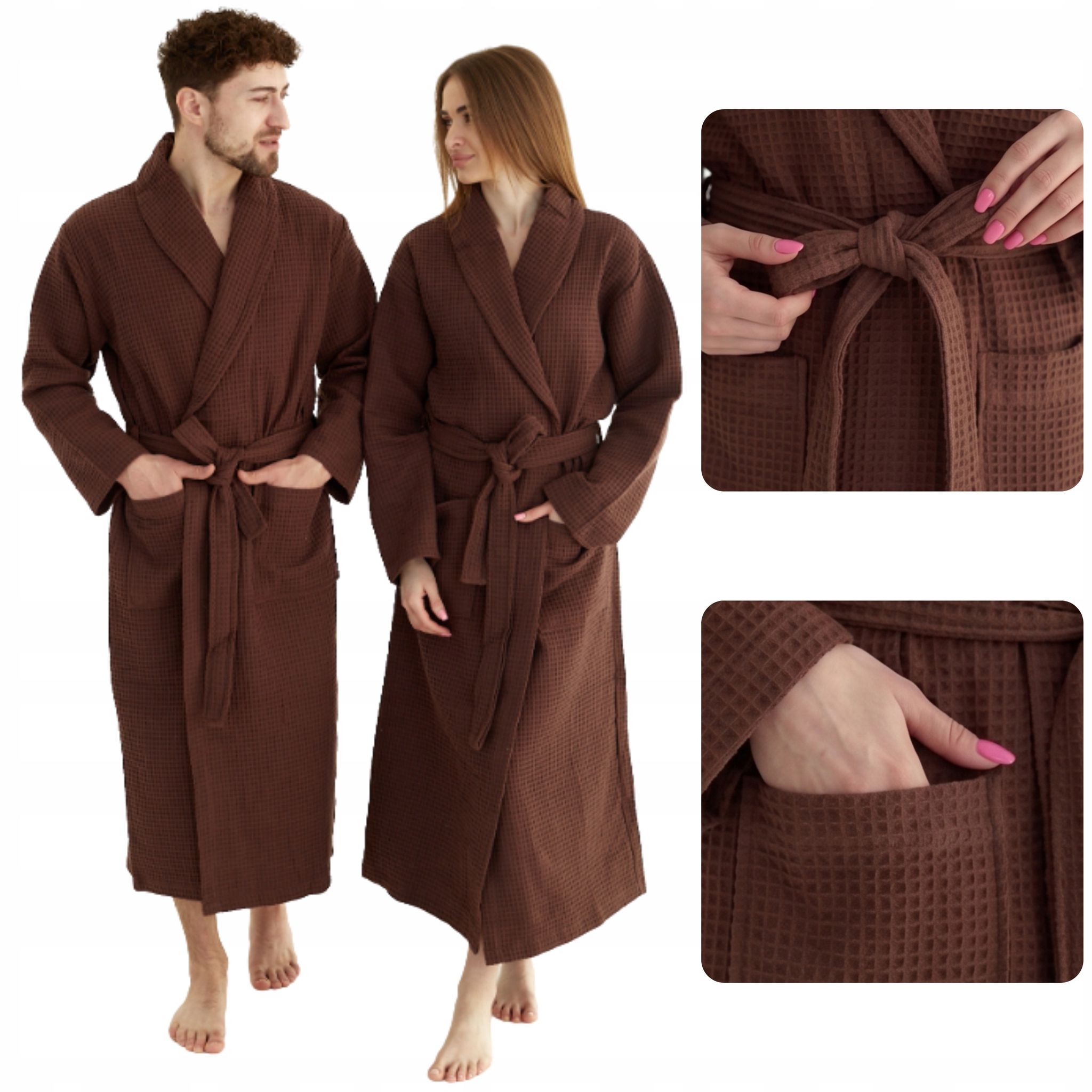 Langer, Dünner Unisex-bademantel Mit Taschen, 100 % Baumwolle, Schnelltrocknend, Braun, Größe L