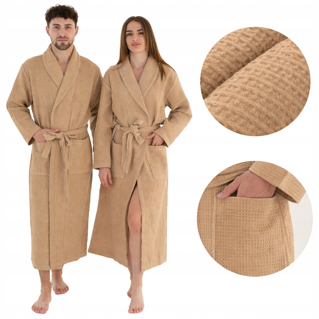 Langer, Dünner Unisex-bademantel Mit Taschen, 100 % Baumwolle, Schnelltrocknend, Beige, Größe M
