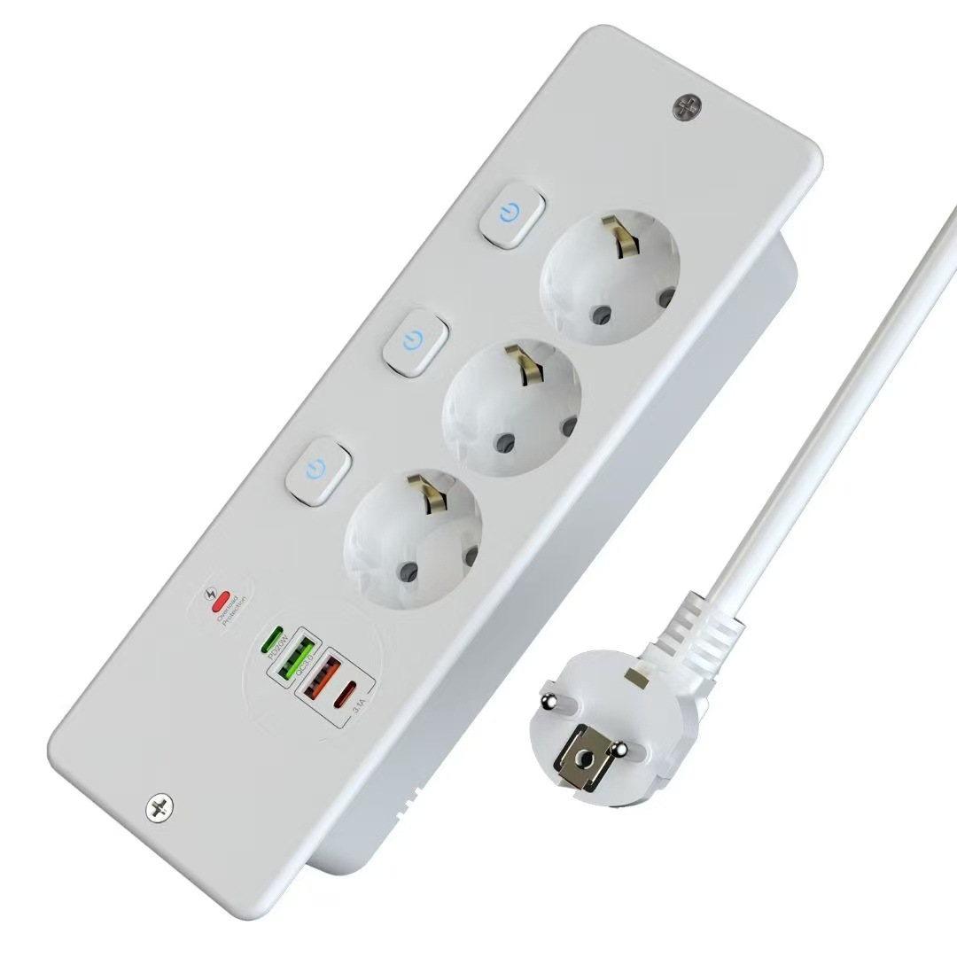 Multiprise Rétractable - 3 Voies Avec 2 Ports Usb, Prise De Table Avec 2 Ports Usb-c, 3 Interrupteurs, Câble De 2 M Blanc