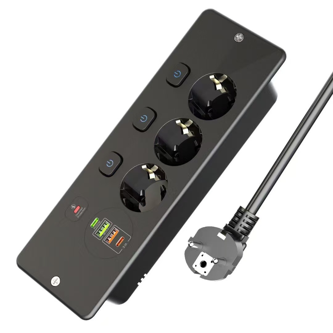 Multiprise Rétractable À 3 Voies Avec 2 Ports Usb, Prise De Table Avec 2 Ports Usb-c, 3 Interrupteurs, Câble De 2 M
