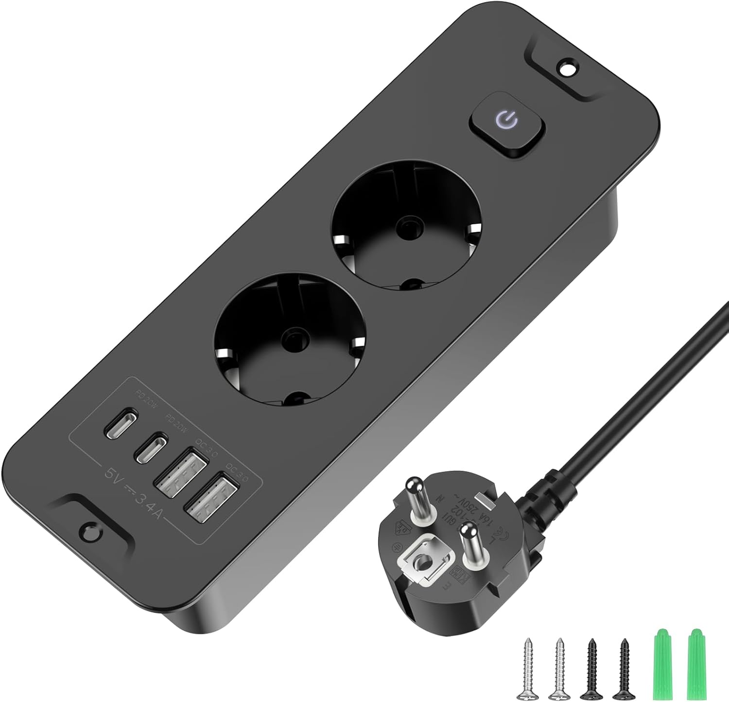 Adaptateur Double Tiroir - Adaptateur Double Tiroir Avec 2 Ports Usb, Prise De Table Avec 2 Ports Usb-c, 2 Interrupteurs, Câble De 2 M, Noir, Adaptateur Double Tiroir, Noir, Adaptateur Double Tiroir