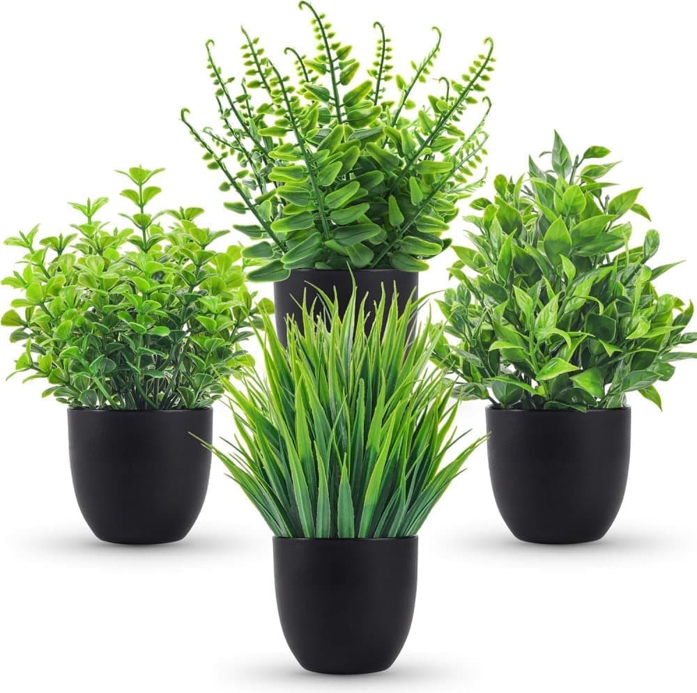 Lot De 4 Plantes Artificielles - Petites Plantes Factices En Pot Noir Pour Halloween, Salle De Bain, Maison, Cuisine, Table Et Décoration De Bureau