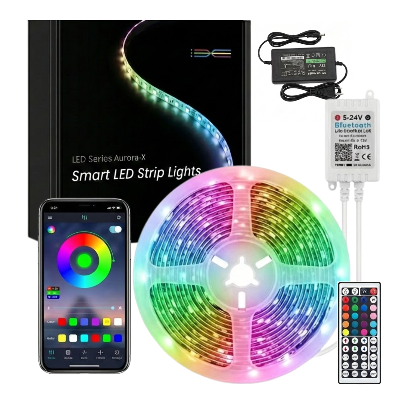 Rgb-led-streifen 12v 10m Ip20 Komplettset Mit Smartphone-app Und Led-fernbedienung
