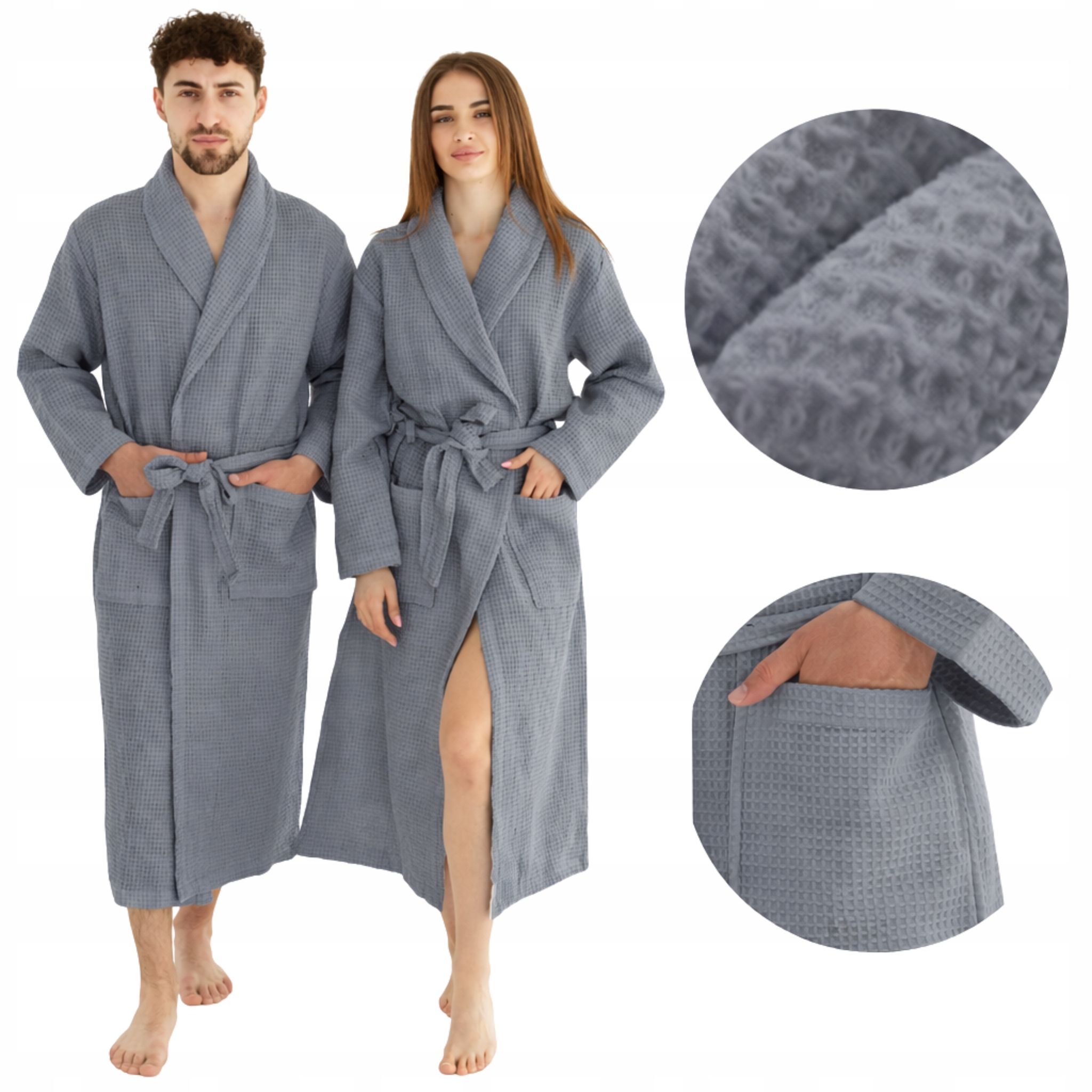 Unisex-bademantel, Lang, Grau, Dünn, Taschen, 100 % Baumwolle, Schnelltrocknend, Größe 3xl