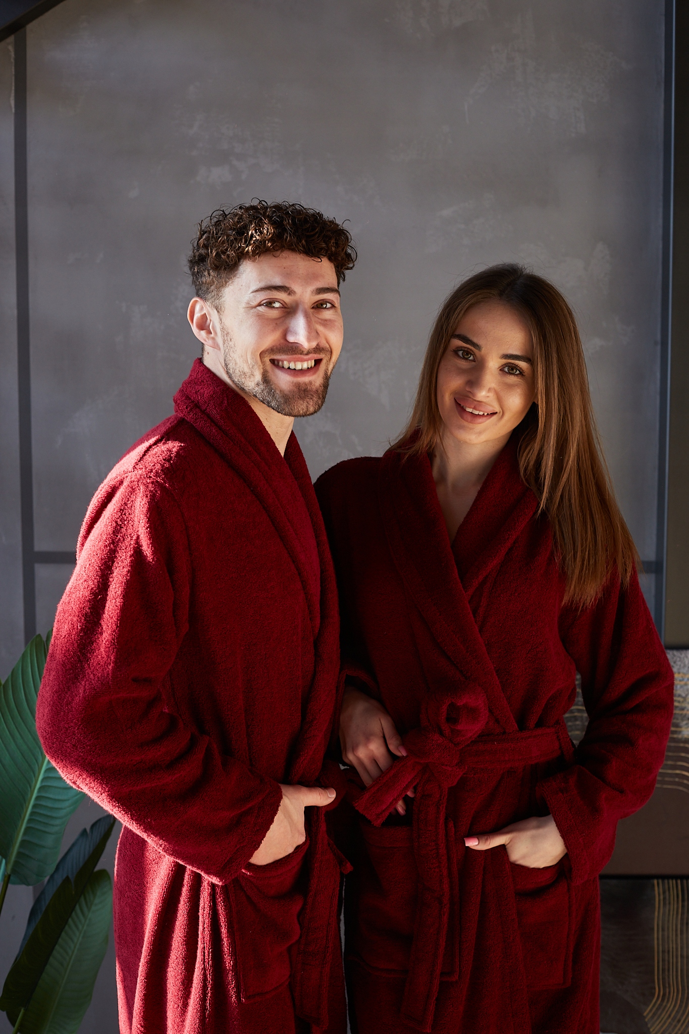 Unisex-frotteebademantel Mit Taschen, 100 % Baumwolle, Bordeauxrot, Größe Xl