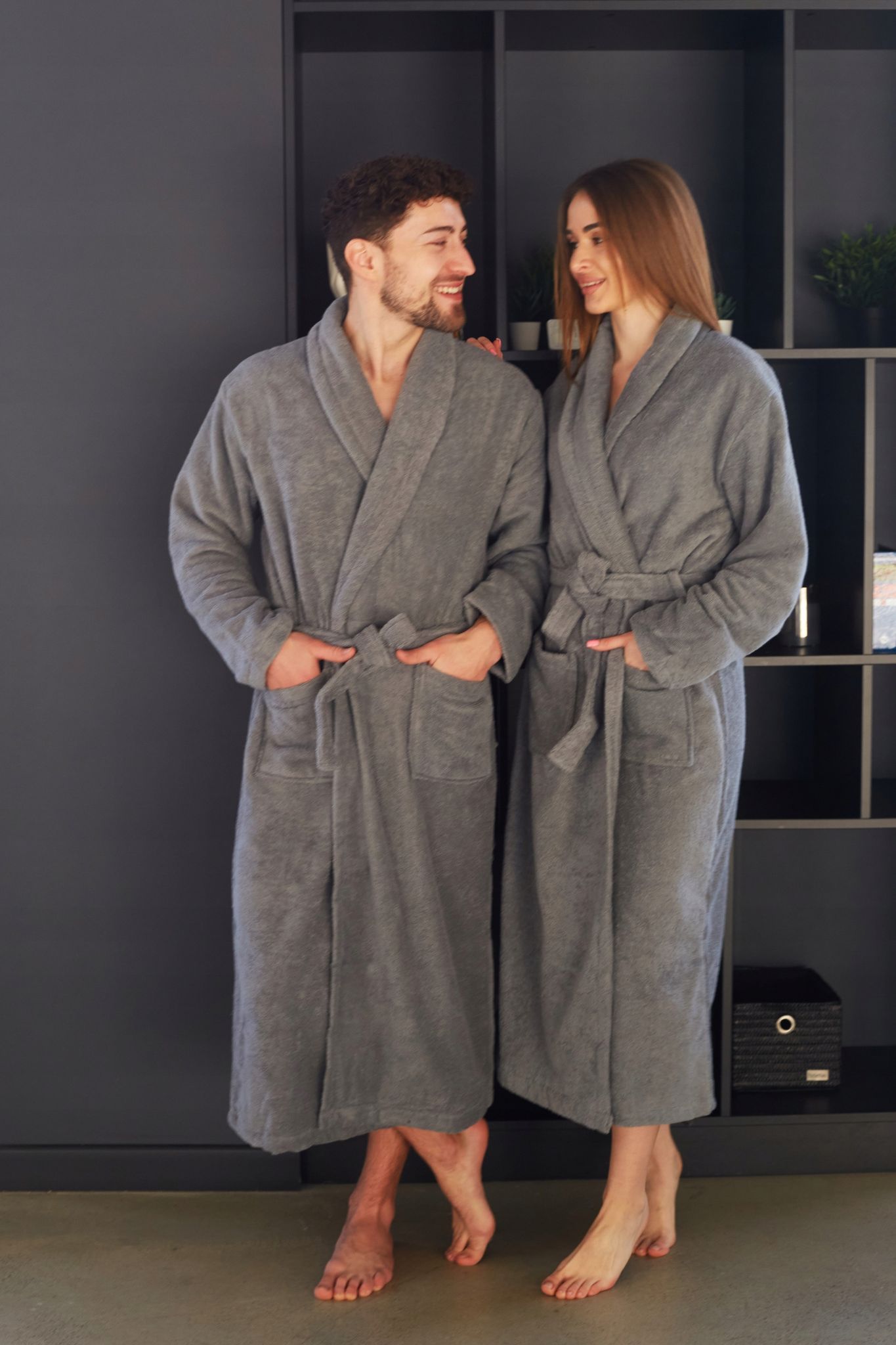 Unisex-frottee-bademantel Mit Tasche, 100 % Baumwolle, Grau, Größe Xl