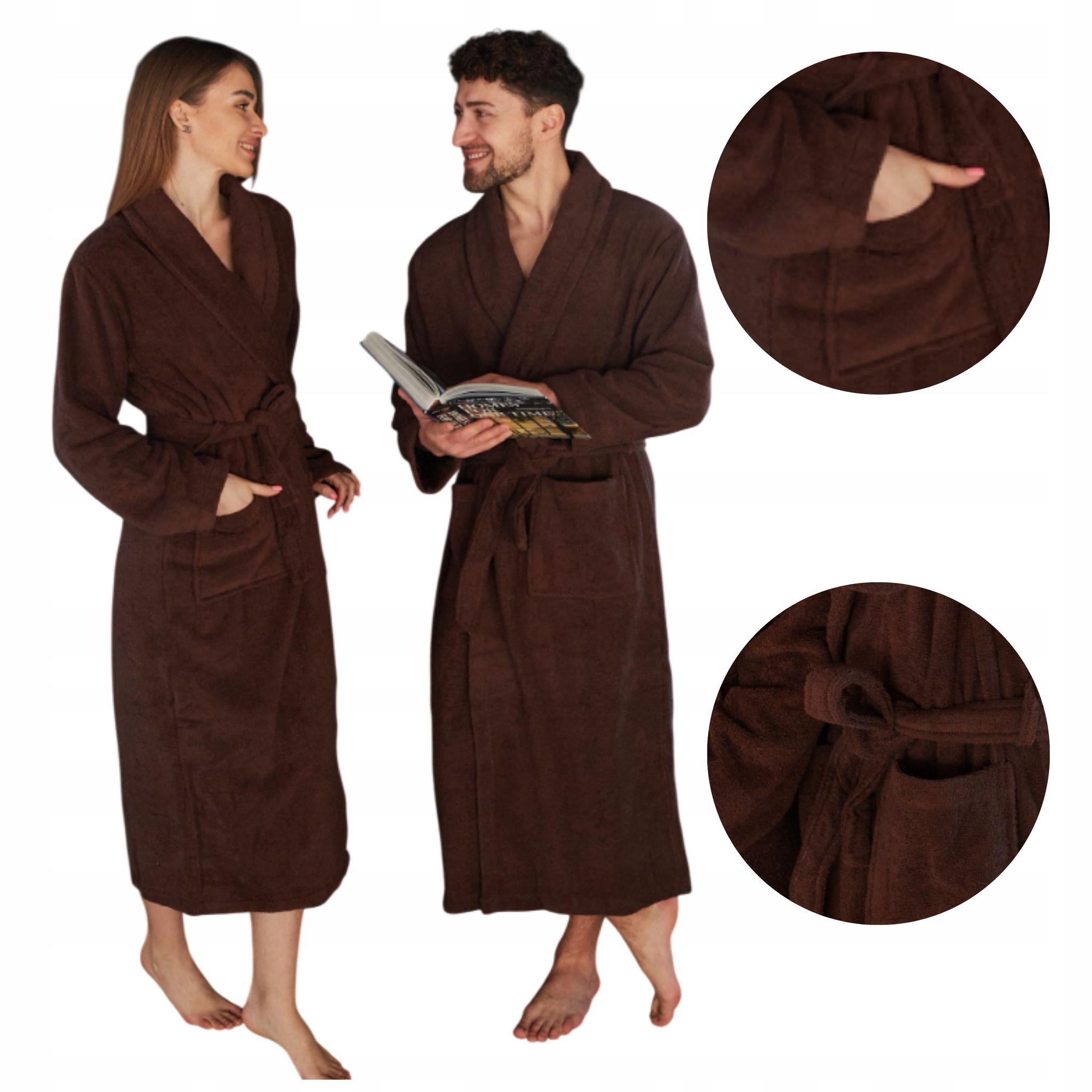 Unisex-frotteebademantel Mit Taschen, 100 % Baumwolle, Braun, Größe M