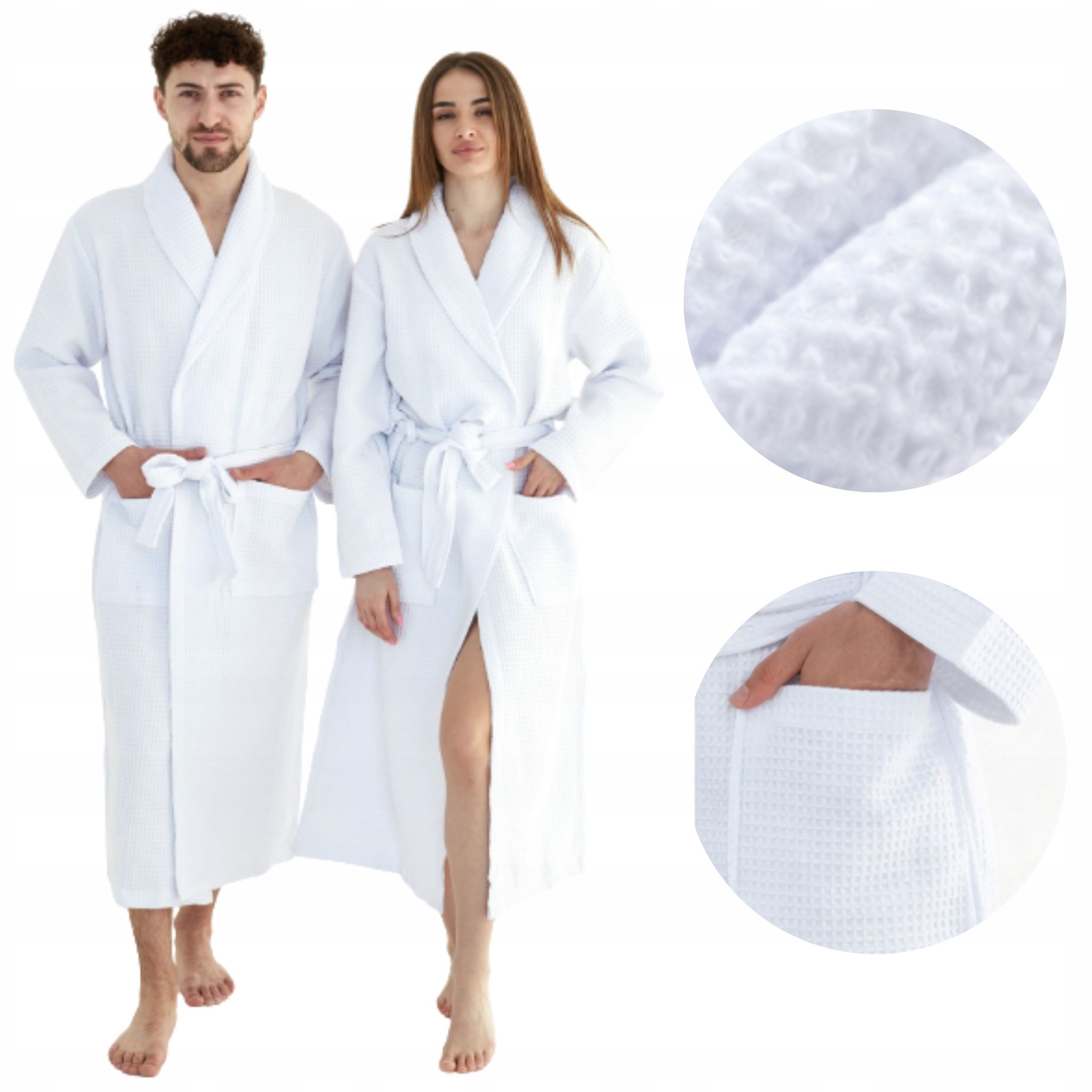 Bademantel, Weiß, Lang, Dünn, Unisex, Taschen, 100 % Baumwolle, Schnelltrocknend, Größe L