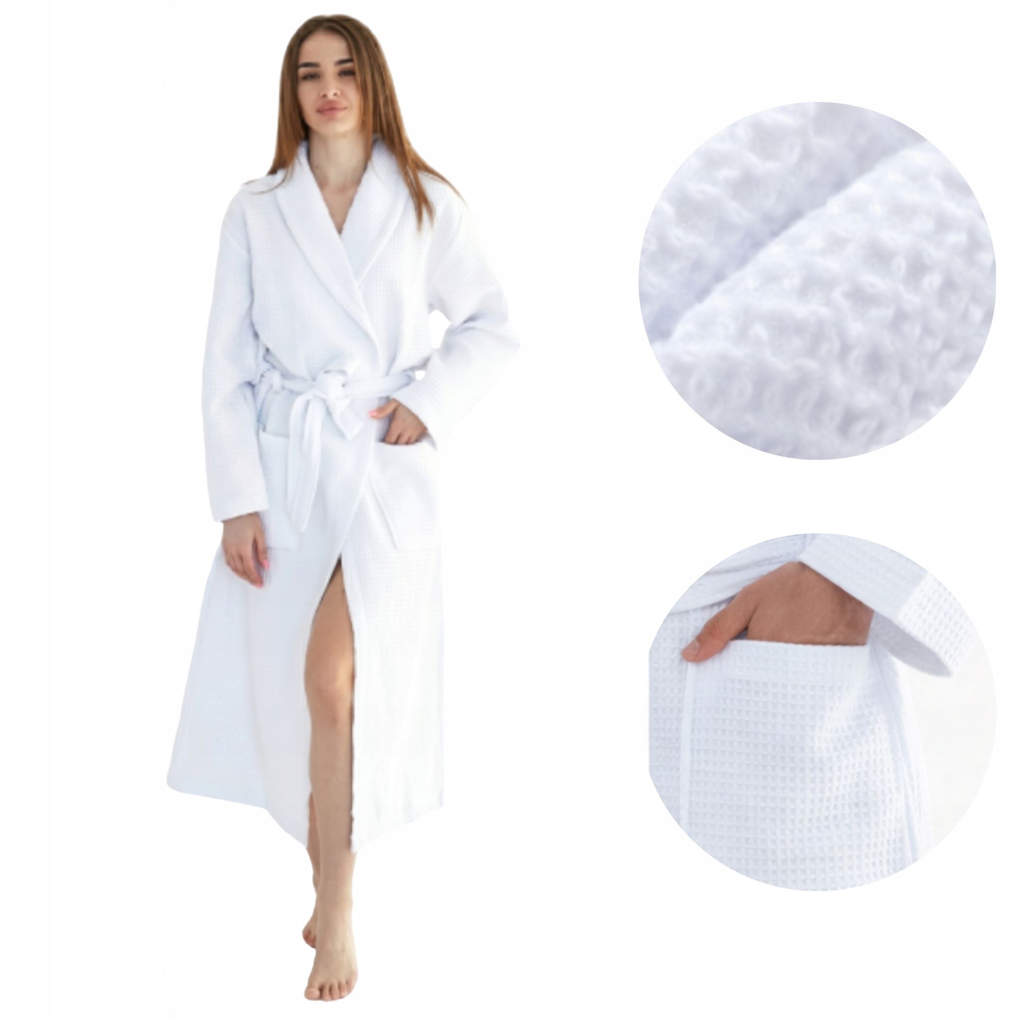 Weißer Damenbademantel, Waffelmuster, Lang, Mit Taschen, 100 % Baumwolle, Schnelltrocknend, Größe 3xl