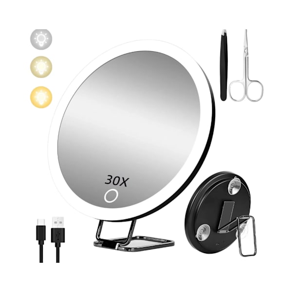 Miroir Grossissant 30x Avec Lumière, Rechargeable, 3 Modes De Couleur, Éclairage À Intensité Variable, Miroir De Maquillage De Voyage Avec Grossissement