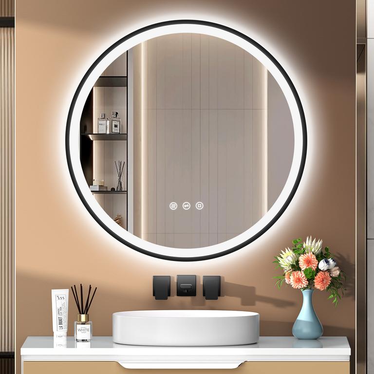 80cm Runder Spiegel Mit Beleuchtung – Spiegel Schwarzer Rahmen, Antibeschlag, Dimmbar, 3 Lichtfarben, Led Badspiegel Mit Touch-schalter, Speicherfunktion & Energiesparend, Schwarz