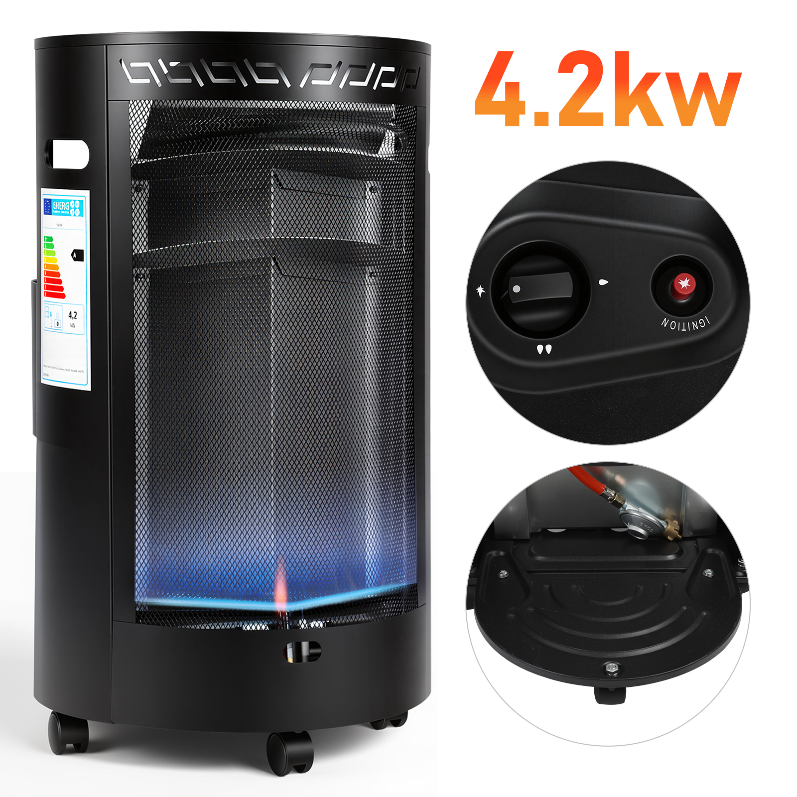 Randaco Blue Flame Gasheizer 4200w Halbrund, 2 Heizstufen, Ods, Piezozündung, 4 Rollen