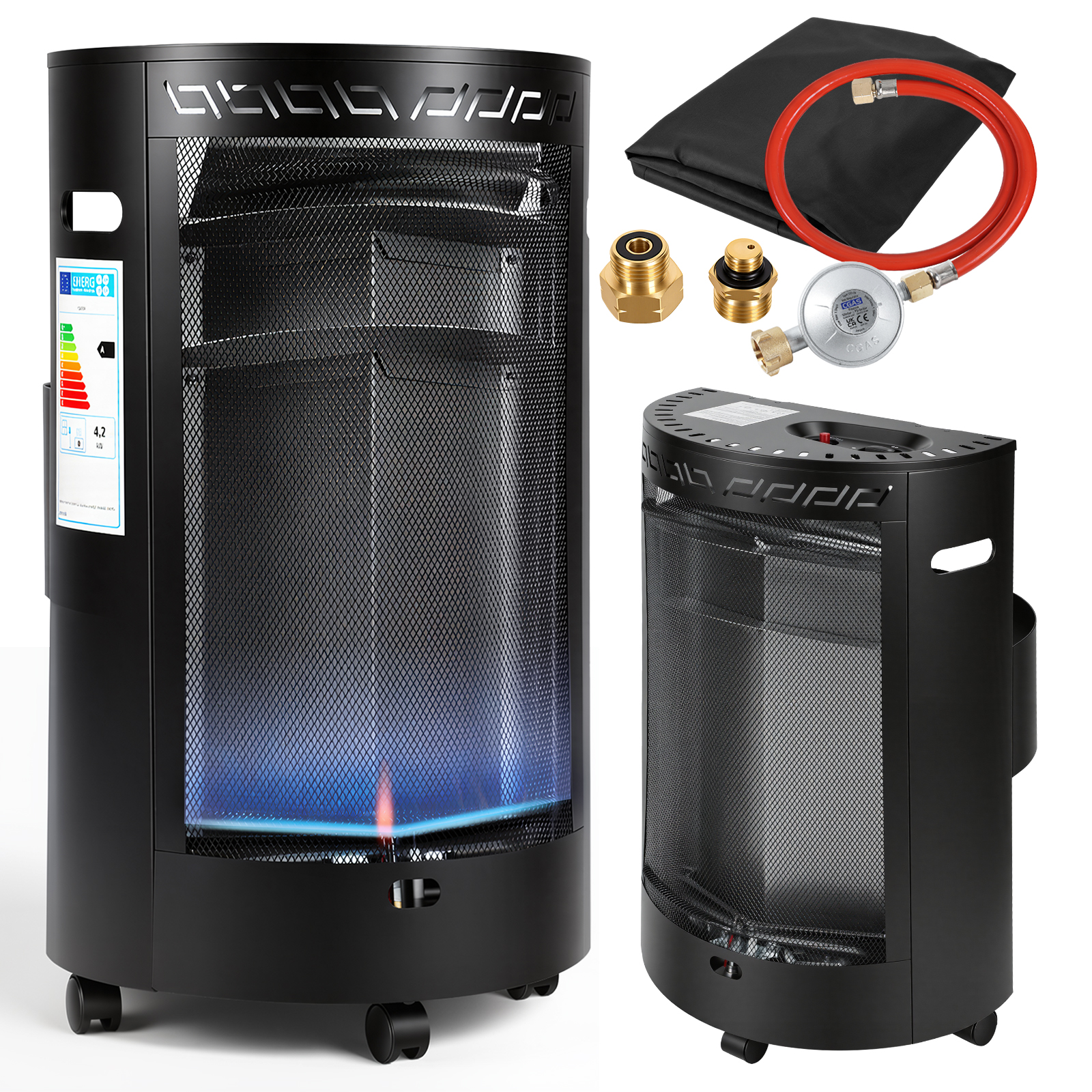 Randaco Blue Flame Gasheizer 4200w Halbrund, 2 Heizstufen, Ods, Piezozündung, 4 Rollen, Inkl. 2 Eu-adaptern